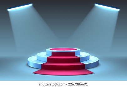 Stage-Podium mit Beleuchtung, Stage-Podium-Szene mit einer Preisverleihung auf blauem Hintergrund, Vektorgrafik