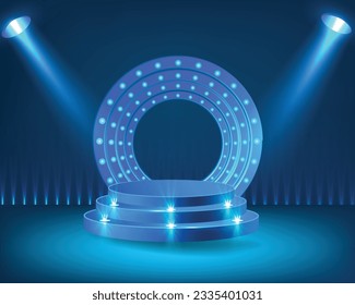 Podio de etapa con iluminación, Escena de podio de etapa con para Ceremonia de premio sobre fondo azul, ilustración vectorial
