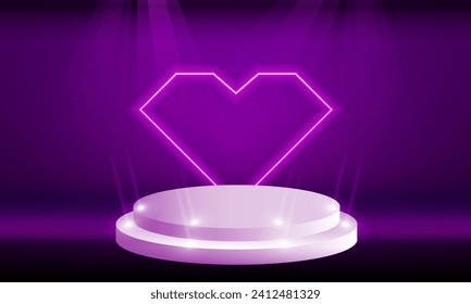 Stage podium with lighting, Stage Podium Scene with for Award Ceremony on Light pink neon light heart out with neon light frame of valentine