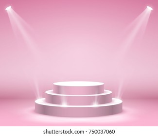 Stage Podium With Lighting, Stage Podium Scene With For Award Ceremony On Pink Background, Vector Illustration