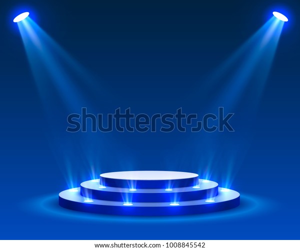 青の背景にステージプロディウムと照明 授賞式のステージプロディウムシーン ベクターイラスト のベクター画像素材 ロイヤリティフリー