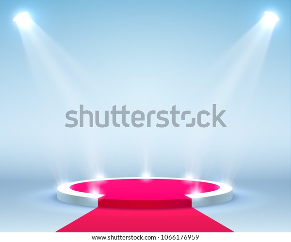 Stage podium with\
lighting, Stage Podium Scene with for Award Ceremony on blue\
Background, Vector\
illustration