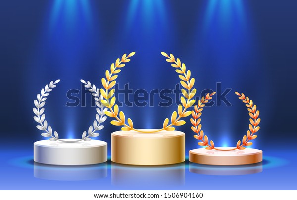 Stage podium with\
lighting, Stage Podium Scene with for Award Ceremony on blue\
Background. Vector\
illustration
