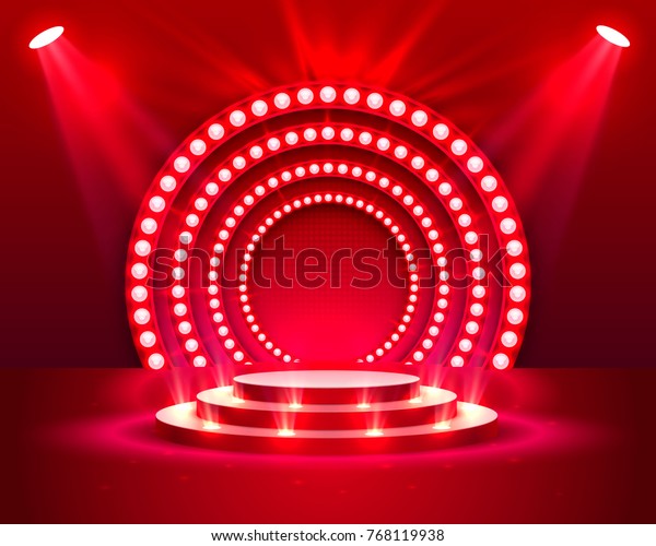 Stage podium with\
lighting, Stage Podium Scene with for Award Ceremony on red\
Background, Vector\
illustration
