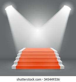 Stage podium with lighting, Stage Podium Scene with Red Carpet for Award Ceremony on White Background, Vector illustration