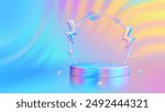 Stage podium with lightning bolt icon. Flash sale. Summer mega sale special offer. Discount shopping. Sale promotion. Product podium, pedestal. Bright sunset, sunrise sky colors. Vector illustration.