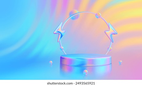Podio de escenario con icono de rayo. Venta Flash. Oferta especial de mega venta de verano. Descuento en compras. Promoción de ventas. Podio de Producto, pedestal. Puesta de sol brillante, colores del cielo del amanecer. Ilustración vectorial.