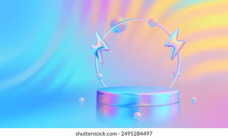 Stage podium with lightning bolt icon. Flash sale. Summer mega sale special offer. Discount shopping. Sale promotion. Product podium, pedestal. Bright sunset, sunrise sky colors. Vector illustration.