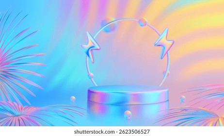 Estágio pódio com ícone de raio e folhas tropicais. Venda de flash. Summer mega venda oferta especial. Compras com desconto. Promoção de vendas. Pódio do produto, pedestal. Pôr do sol, nascer do sol cores do céu. Vetor.