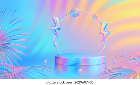 Stage podium with lightning bolt icon and tropical leaves. Flash sale. Summer mega sale special offer. Product podium, pedestal. Discount shopping. Sale promotion. Sunset, sunrise sky colors. Vector.