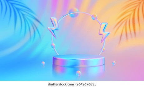 Stage podium with lightning bolt icon. Product podium with a palm leaves shadows. Flash sale. Summer mega sale special offer. Discount shopping. Sale promotion. Sunset, sunrise sky colors. Vector.