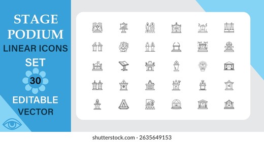 Stage podium linear icons set. Presentation, exhibition, gallery and more. Outline vector icon in linear style. Editable stroke. Vector illustration.