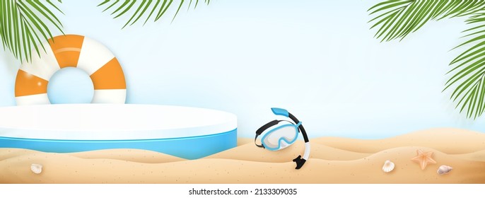 Stage podium mock up for product display in summer beach banner background 