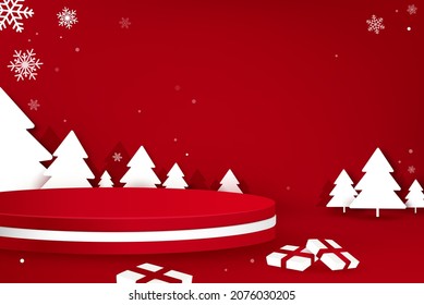 El podio de escenario se burla de la colocación del producto en el fondo rojo de Navidad
