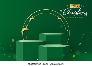 Stage podium mock up for product placement on green Christmas background