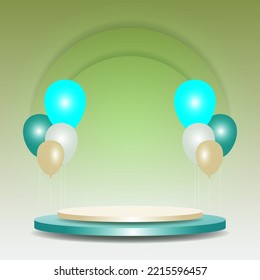 Stage podium mockup with balloons on green background template for place product advertising.