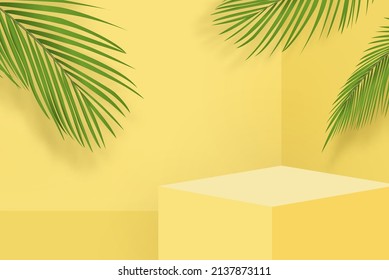 Stage podium mockup on summer yellow background for product display, vector illustration