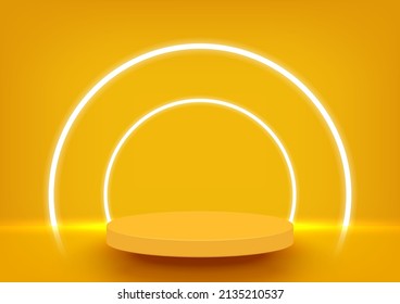 Stage podium with neon lighting for product display on yellow background. Summer background. Minimal style. Vector illustration.