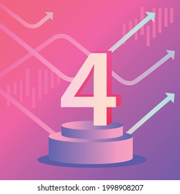 Un podio escénico con el número cuatro sobre él, con fondo multicolor y flechas. Para el diseño de materiales, redes sociales y banners.