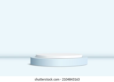Stage podium on a light studio background. Realistic clean circle, pedestal, pillar, pedestal. Empty stage stand for prize with projector for advertising design.