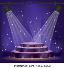 Stage podium pedestal scene with 3 levels and lighting projectors with violet background and spotlighting. Illustration art cartoon vector