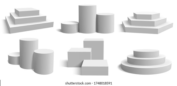 Stage-Podium-Plattformen. Realistisches weißes Quadrat und runder Fußboden, geometrischer leerer Ständer Vektorgrafik Set. Showroom-Podium, leerer Stand realistisch, Bühnengeometrie oder Plattform