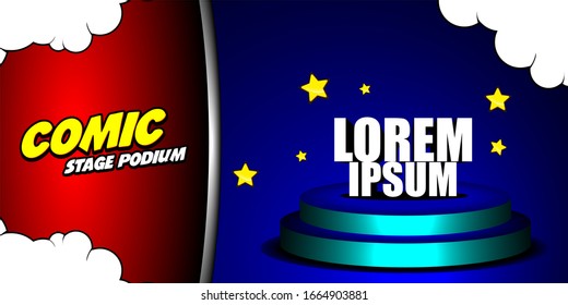 Stage podium pop art comic style design, Scene for Award Ceremony on Red Combination Blue Background, with stars and cloud cartoon vector illsutration.