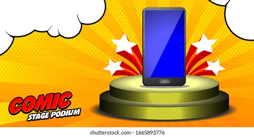 Stage podium pop art comic style design, Scene for Award Ceremony on Yellow Background, with Blue screen Phone, stars and cloud cartoon vector illsutration.