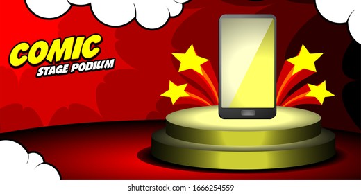 Stage Podium Pop Art Comic Design, Szene für Preisverleihung auf rotem Hintergrund, mit Blue Screen Phone, Stars und Cloud Cartoon Vektorillustration Illusion.