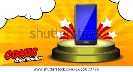 Stage podium pop art comic style design, Scene for Award Ceremony on Yellow Background, with Blue screen Phone, stars and cloud cartoon vector illsutration.