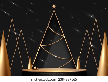 Estadio de podio para producto con árbol de Navidad, estrellas brillantes sobre fondo negro. Ilustración vectorial.