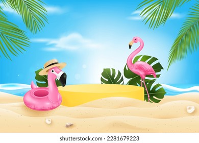 Stage podium for product display in sandy summer beach background with pink flamingo birds