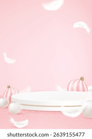 Stage podium for product display in soft pink background color with feather decoration for skin care and cosmetic products  