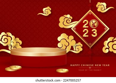 Stage podium for product presentation display with oriental style decoration in background for Chinese new year 2023 year of rabbit