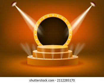 Stage podium with rays of spotlights for Award ceremony Winner with smoke. Gold platform concept. Vector illustration