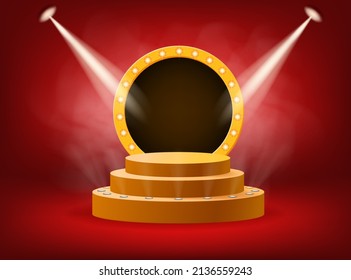 Stage Podium mit Strahlen von Scheinwerfern für Preisverleihung Gewinner mit Rauch. Goldplattform-Konzept. Vektorgrafik