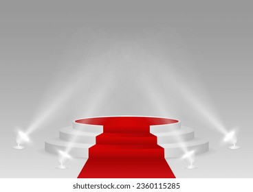 Stage Podium with Red Carpet Illuminated with Spotlights for Award Ceremony, Product or Cosmetic Presentation or Event Exhibition. Winner Podium. Vector Illustration.