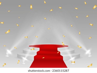 Stage Podium with Red Carpet Illuminated with Spotlights for Award Ceremony, Product or Cosmetic Presentation or Event Exhibition. Winner Podium. Vector Illustration.