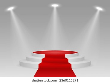 Stage Podium with Red Carpet Illuminated with Spotlights for Award Ceremony, Product or Cosmetic Presentation or Event Exhibition. Winner Podium. Vector Illustration.