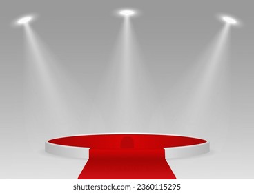 Stage Podium with Red Carpet Illuminated with Spotlights for Award Ceremony, Product or Cosmetic Presentation or Event Exhibition. Winner Podium. Vector Illustration.