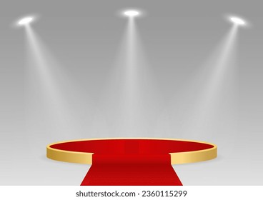 Stage Podium with Red Carpet Illuminated with Spotlights for Award Ceremony, Product or Cosmetic Presentation or Event Exhibition. Winner Podium. Vector Illustration.