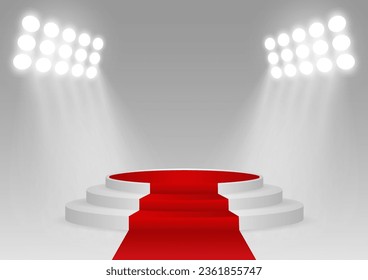 Stage Podium with Red Carpet Illuminated with Spotlights for Award Ceremony, Product or Cosmetic Presentation or Event Exhibition. Winner Podium. Vector Illustration.