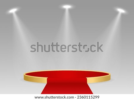 Stage Podium with Red Carpet Illuminated with Spotlights for Award Ceremony, Product or Cosmetic Presentation or Event Exhibition. Winner Podium. Vector Illustration.