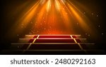 Stage podium with red carpet on stairs, golden spotlight and sparkles on dark background. 3d vector theatre show and award ceremony concept. Staircase pedestal for presentation and goods promotion.