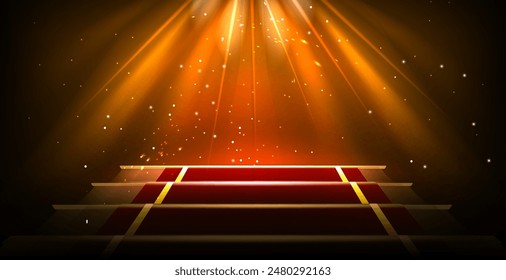 Stage podium with red carpet on stairs, golden spotlight and sparkles on dark background. 3d vector theatre show and award ceremony concept. Staircase pedestal for presentation and goods promotion.