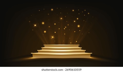 Bühnenpodium mit rotem Teppichboden auf Treppen, goldenem Scheinwerfer und glitzerndem Licht auf dunklem Hintergrund. 3D-Vektortheater-Show und Preisverleihungskonzept. Treppenpodest für Präsentation und Warenwerbung.