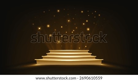 Stage podium with red carpet on stairs, golden spotlight and sparkles on dark background. 3d vector theatre show and award ceremony concept. Staircase pedestal for presentation and goods promotion.