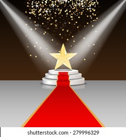 Stage podium with red carpet and star on brown background. Illustration vector