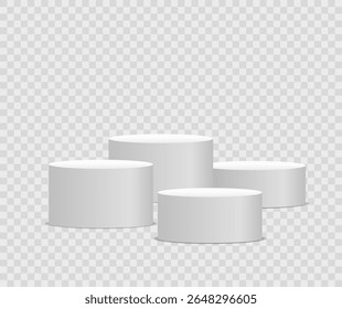 Renderização de pódio de estágio. Base do cilindro com interior curvo e suporte iluminado. Cena vazia em branco para apresentação de produto ou layout de conceito em tom cinza com luz suave e design de perspectiva.

