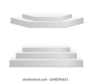 Renderização de pódio de estágio. Base do cilindro com interior curvo e suporte iluminado. Cena vazia em branco para apresentação de produto ou layout de conceito em tom cinza com luz suave e design de perspectiva.

